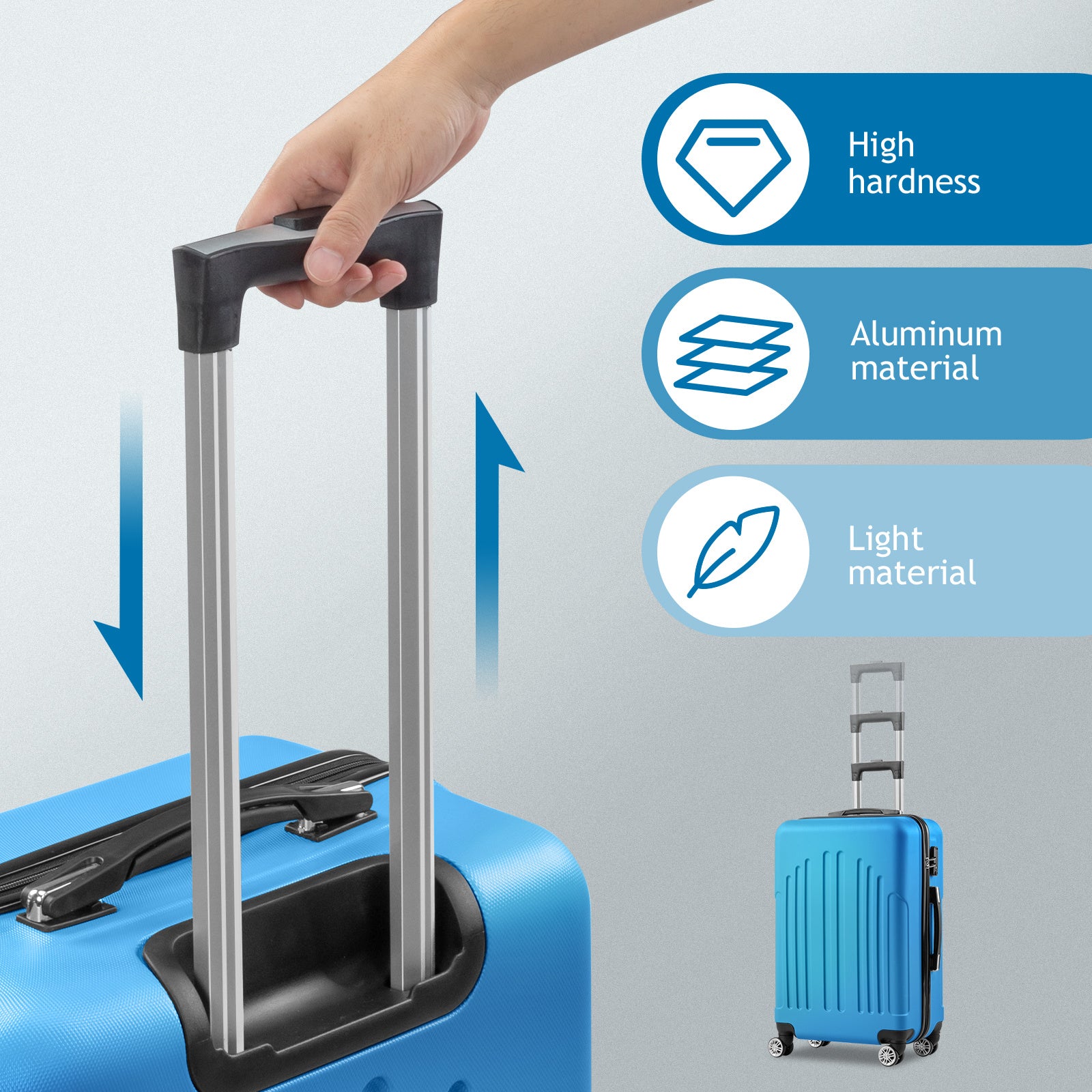 Blue suitcase with a hand holding the handle, featuring icons and text about material hardness and lightness.