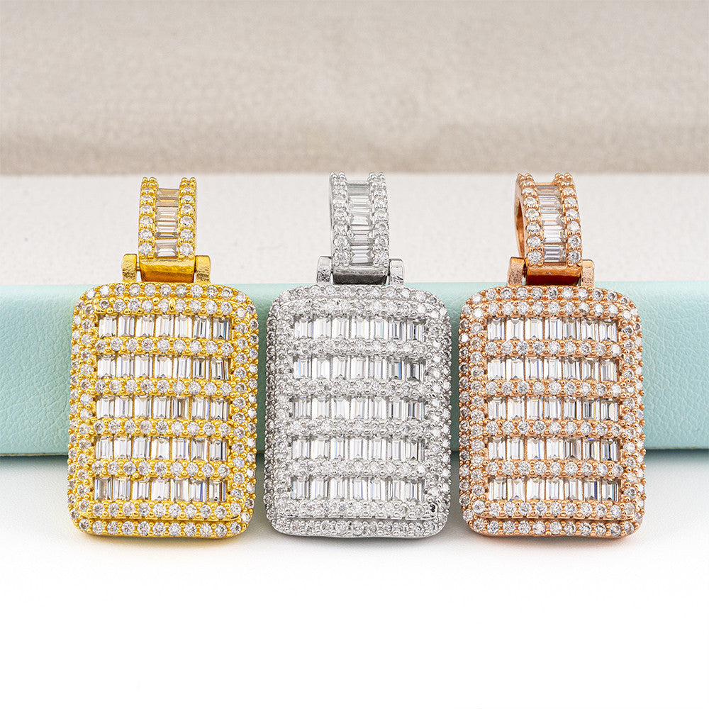Three diamond pendants in gold, silver, and rose gold on a light blue and beige background.
