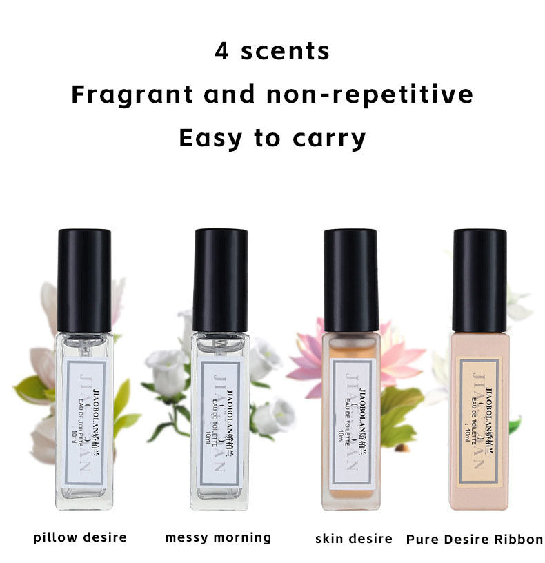 Four perfume bottles with black caps and white labels on a white background.