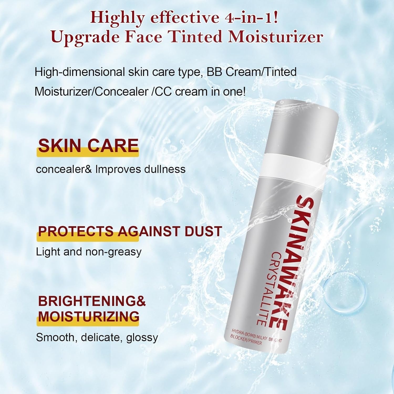 SKINAWAKE Crystallite face moisturizer with product details on a water droplet background