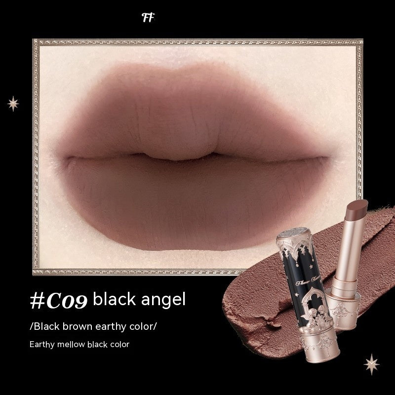 Lipstick with '#C09 black angel' color swatch on lips and product packaging.