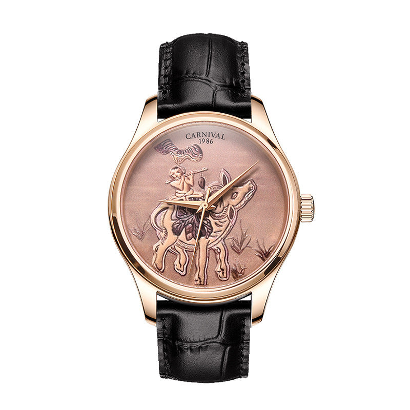 Wristwatch with black leather strap and rose gold case on white background