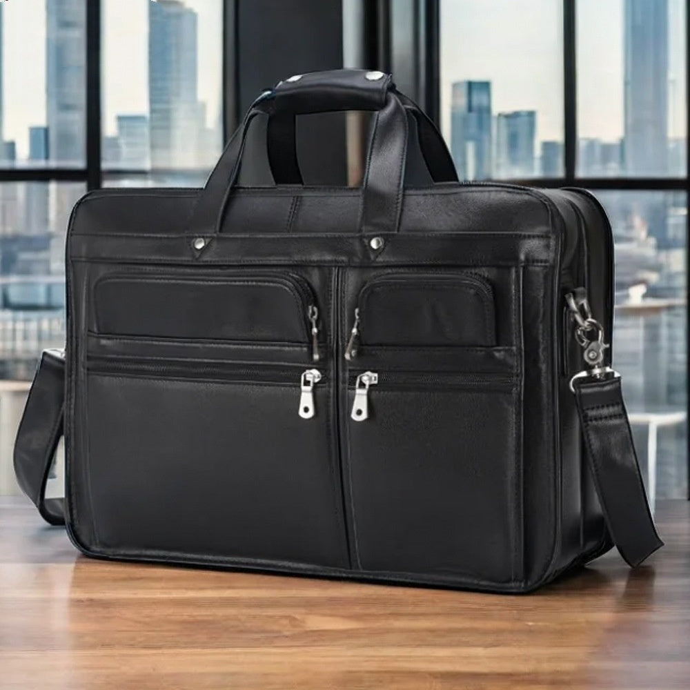 Black leather briefcase on a wooden surface with a cityscape in the background