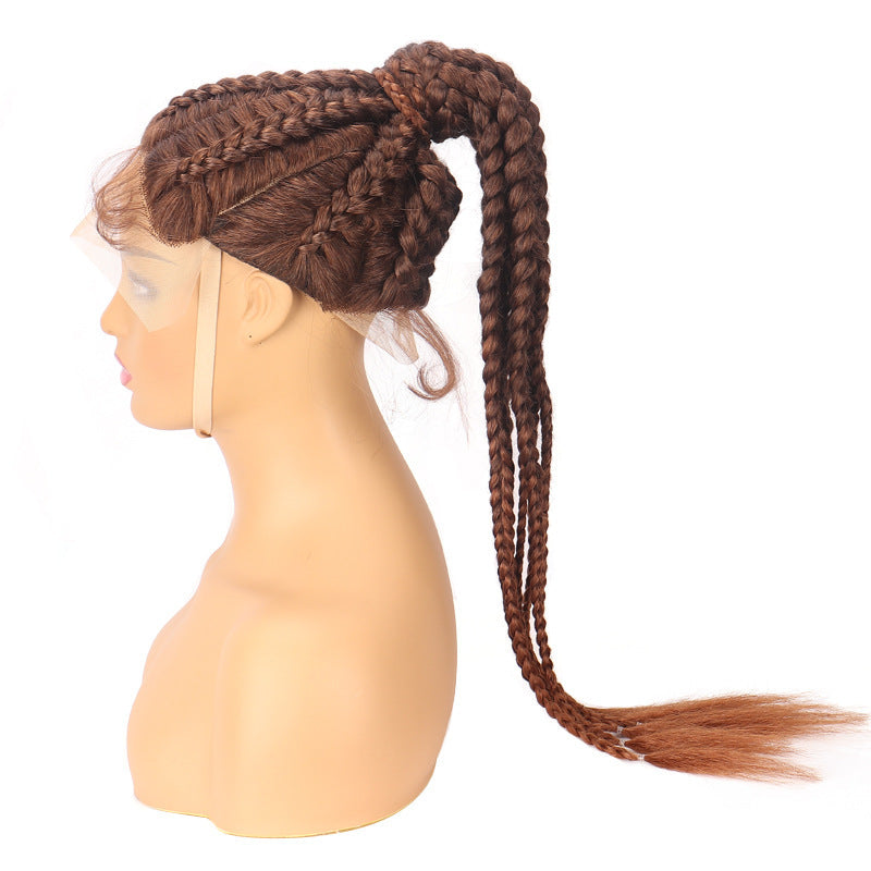 Brown braided wig on a mannequin head with a white background