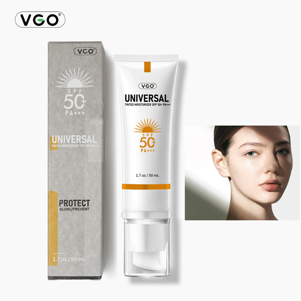 VGO sunscreen tube and packaging with a close-up of a person's face on a white background
