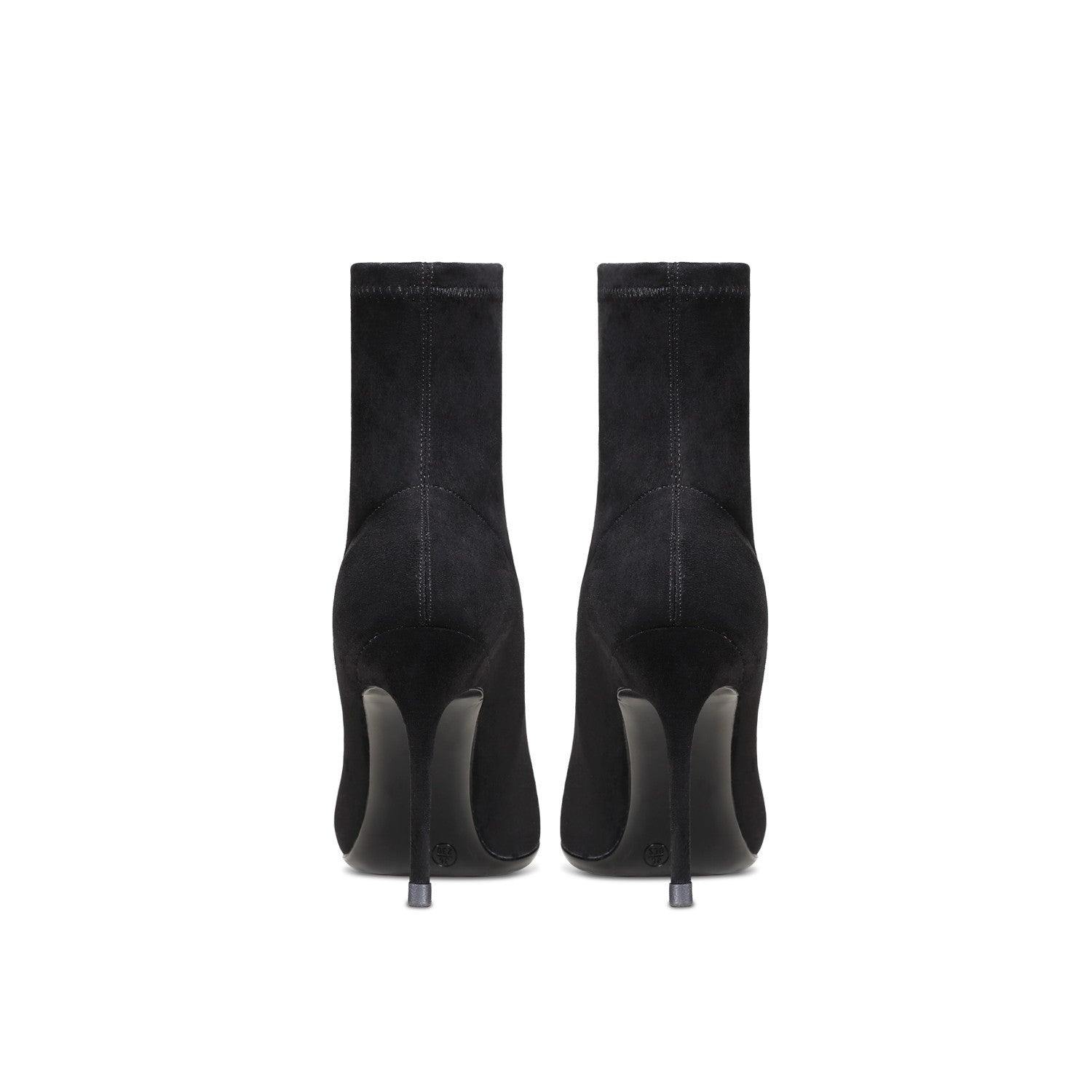 Pair of black high-heeled sock boots on a white background