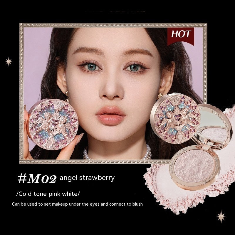 Makeup compact with decorative case held by a model, set against a black background.
