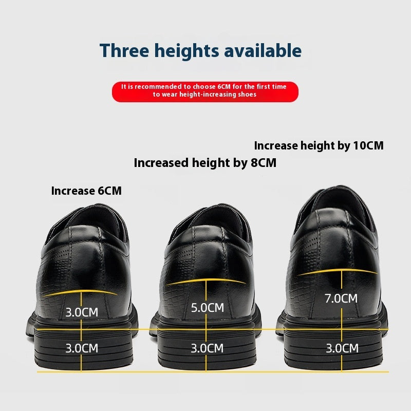 Black height-increasing shoes with measurement labels on a gray background