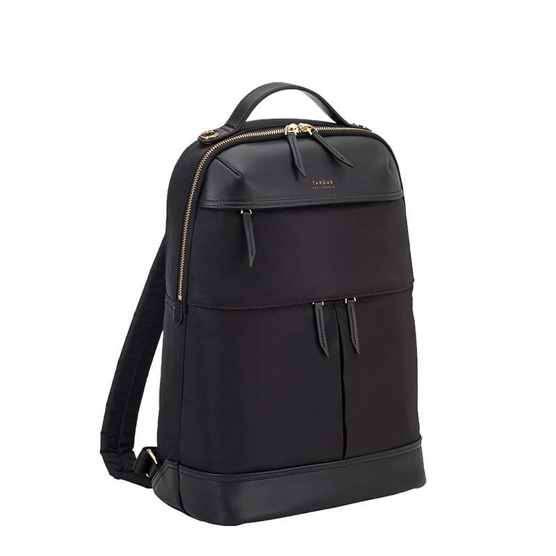 Black backpack with gold zippers on a white background