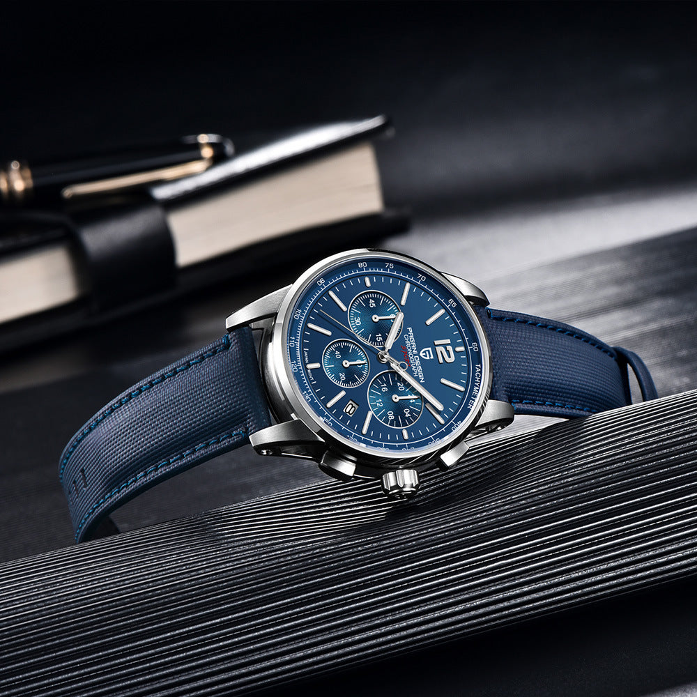 Blue wristwatch with detailed face on a dark background