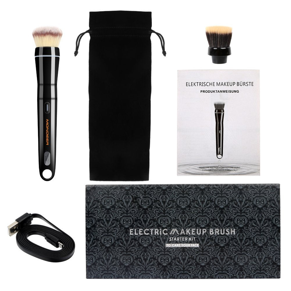 Electric makeup brush set with packaging, cable, and user manual on a white background