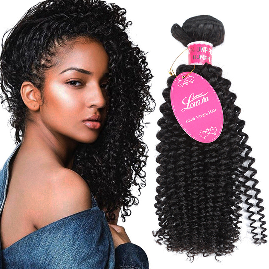 10A Deep Curly Brazilian Human Hair Bundles Weave shown on model with natural 1B deep curly texture.