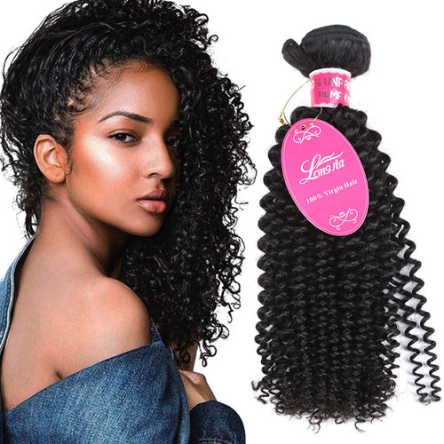 10A Deep Curly Brazilian Human Hair Bundles Weave shown on model with natural 1B deep curly texture.
