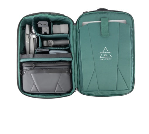 Green travel case with compartments and a visible brand logo on a white background