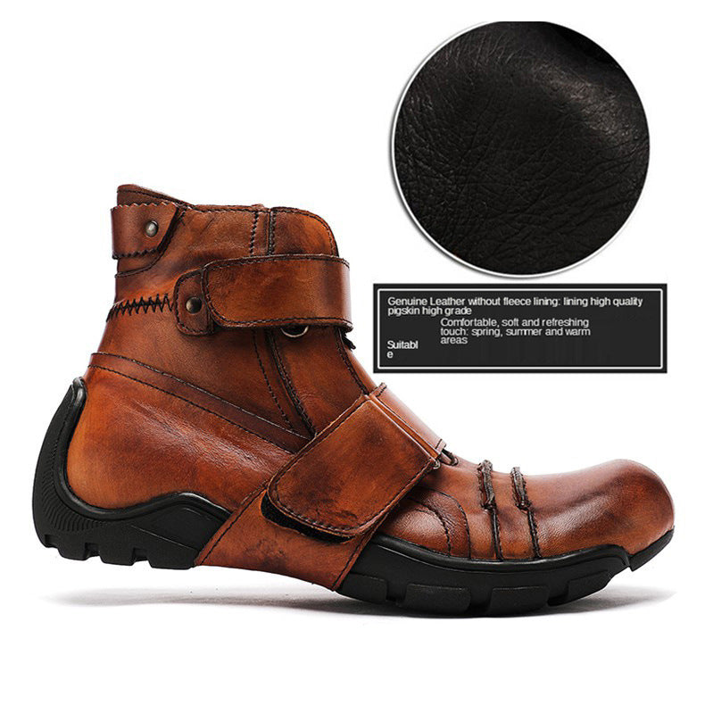 Brown leather boot with black sole on a white background