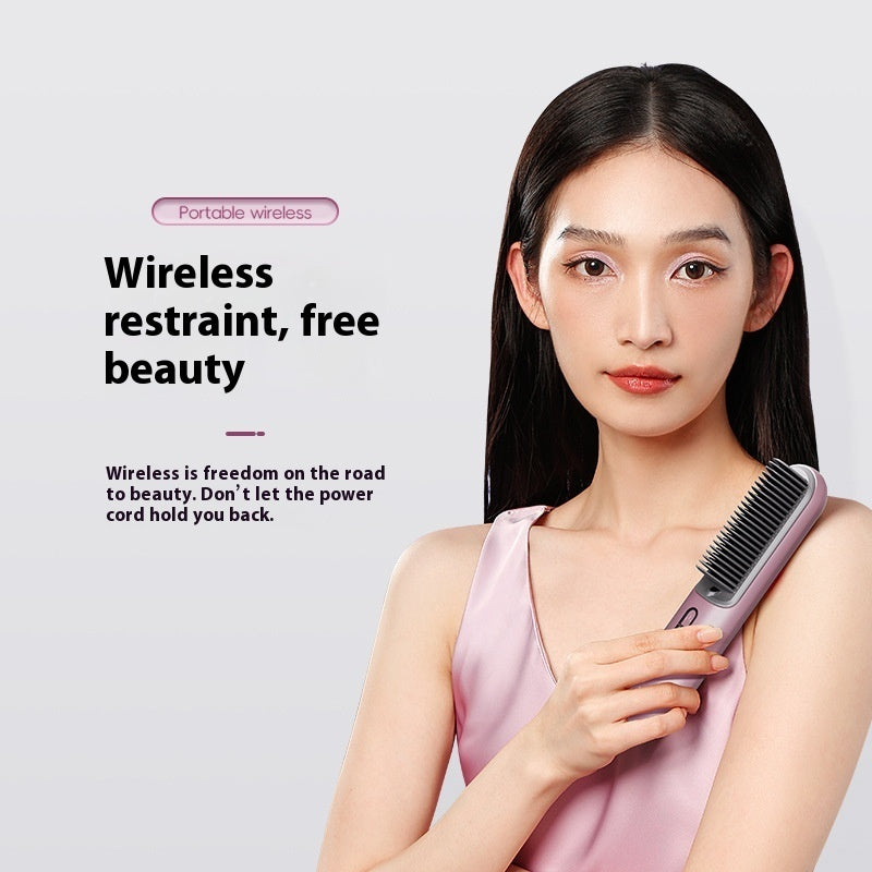 Woman holding a wireless hair straightener with promotional text on a light gray background