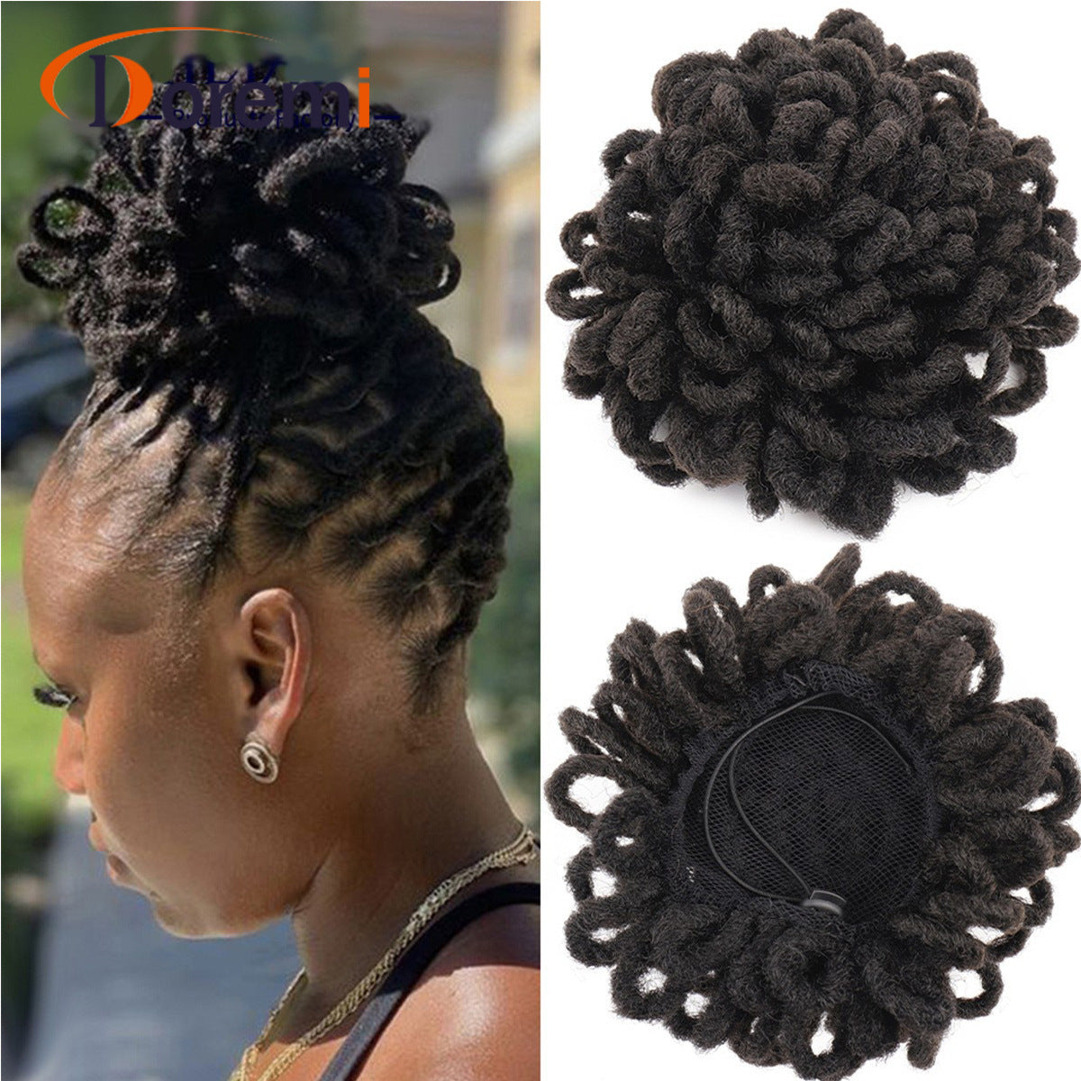 Black hair bun accessory with a woman wearing it and close-up views on a white background.