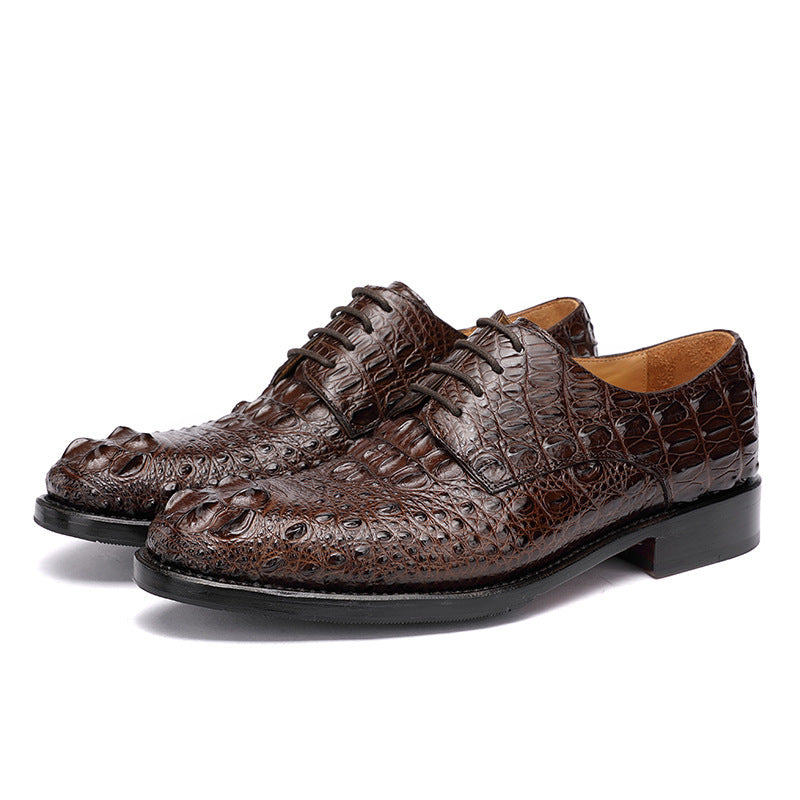 Brown crocodile-patterned shoes on a white background