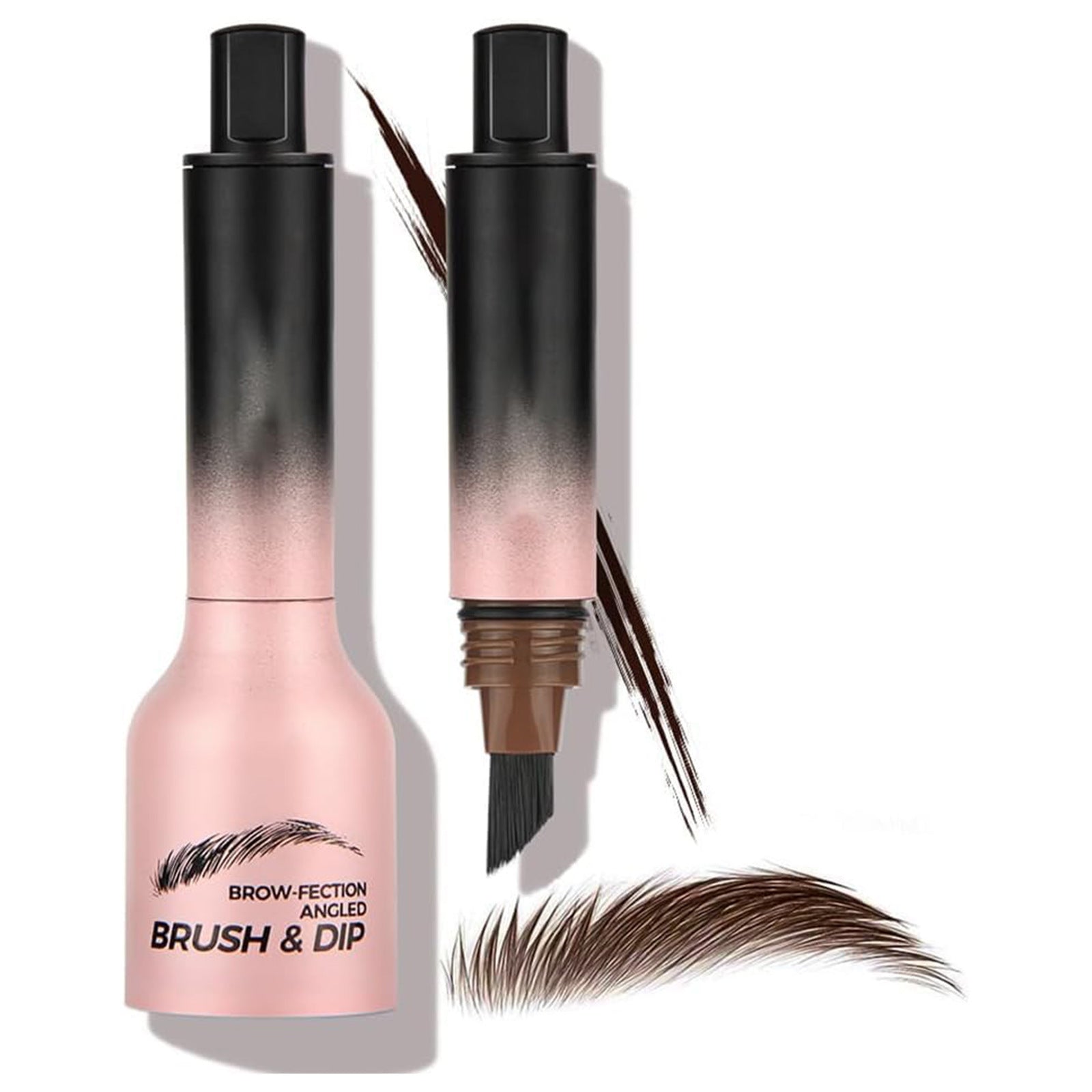 Brow-fection angled brush and dip with brown color on a white background