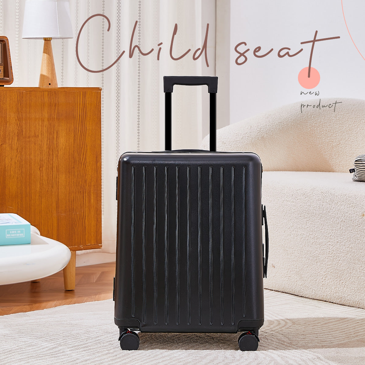 Black suitcase in a living room setting with 'Child seat' text overlay