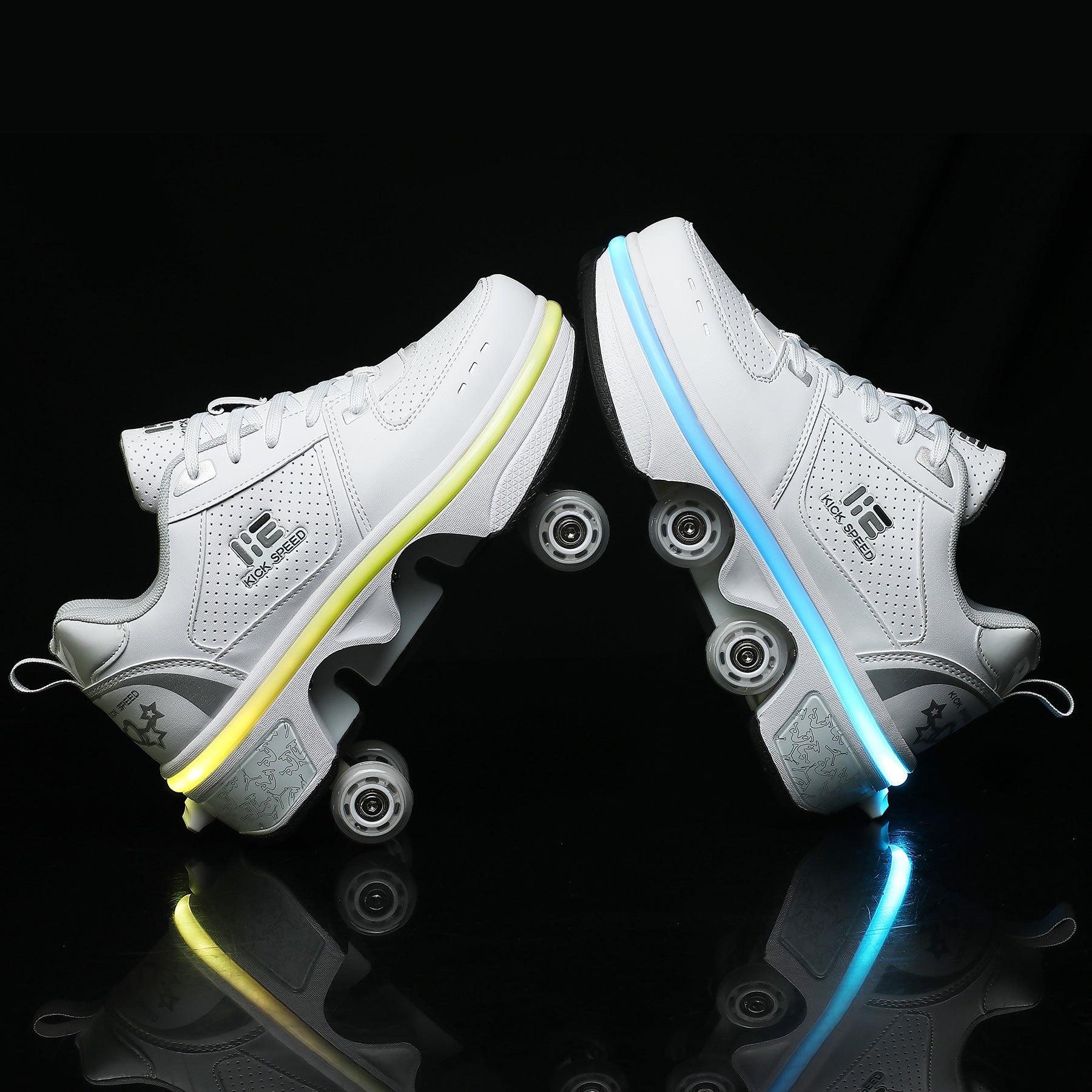 White roller shoes with visible wheels on a black background