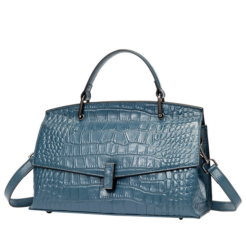 Blue textured handbag on a white background