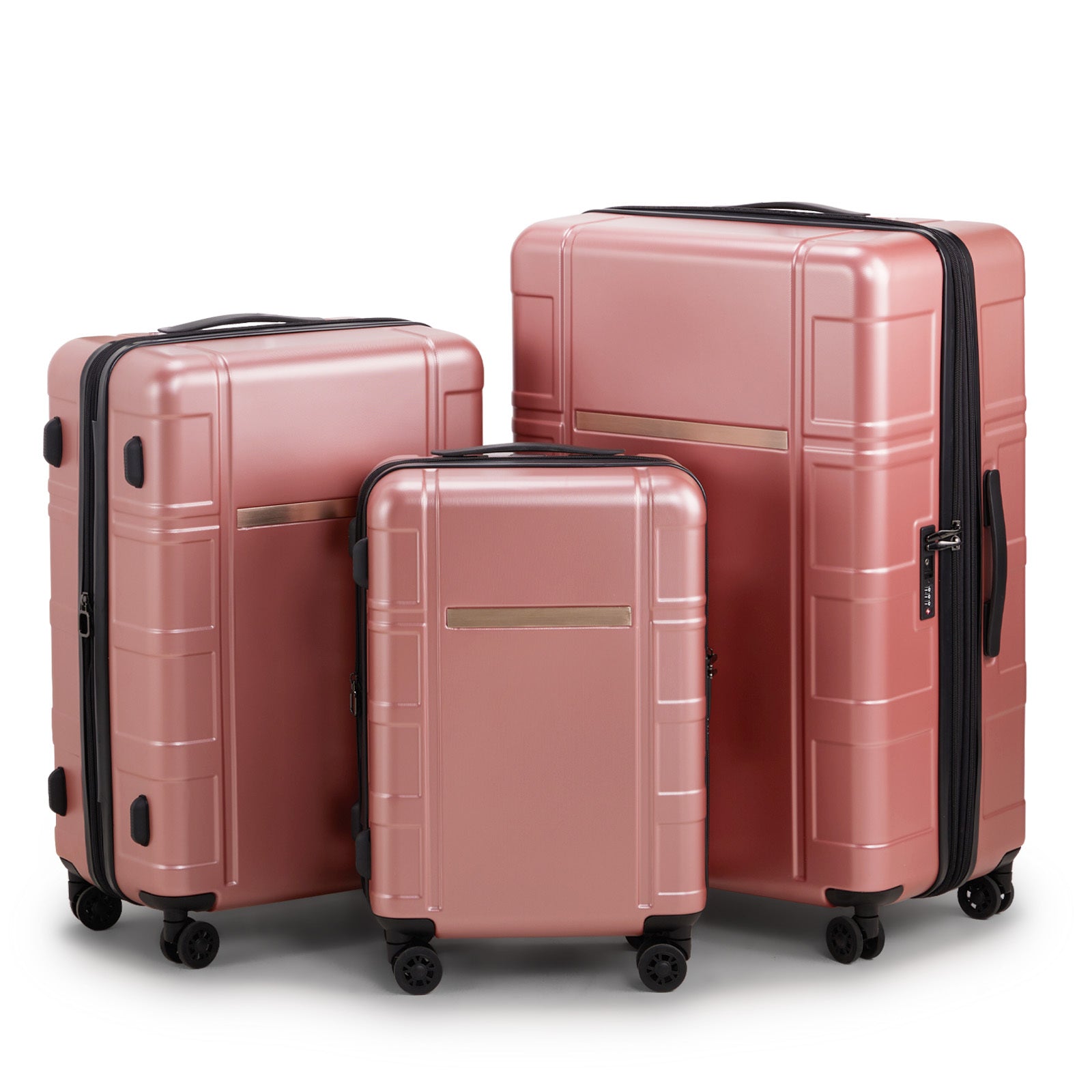 Set of three pink suitcases with black handles and wheels on a white background