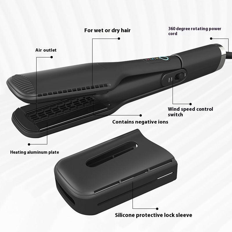Black hair straightener with labeled features on a white background