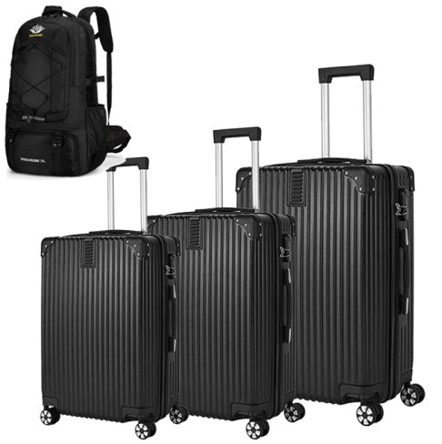 Set of black suitcases and a backpack on a white background
