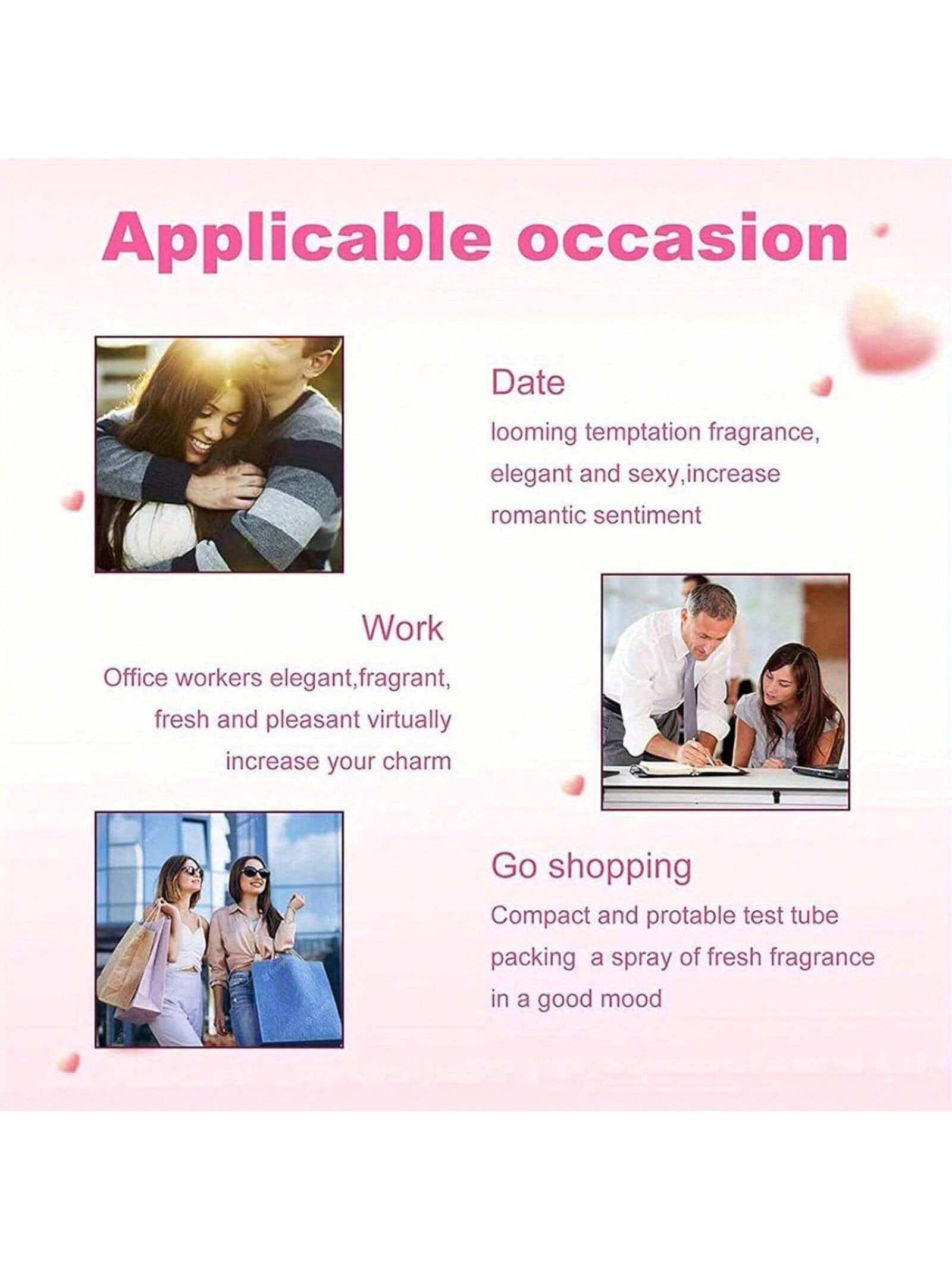 Product description card with images and text on a pink background