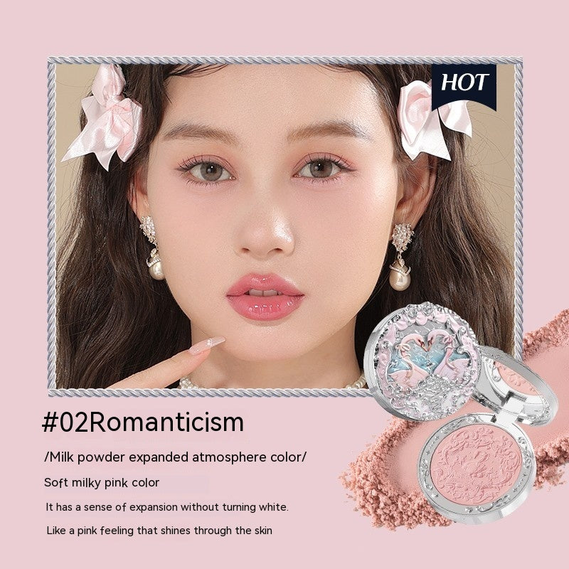 Makeup product with pink blush and decorative case on a pink background, featuring a model's face.