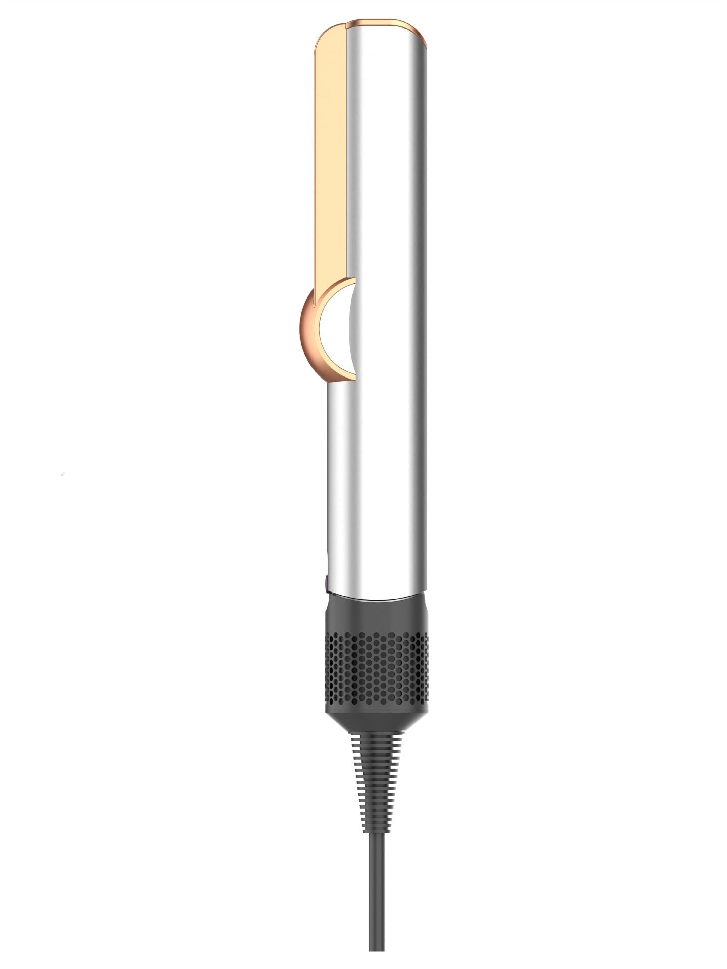 Hair straightener with gold and silver design on a white background