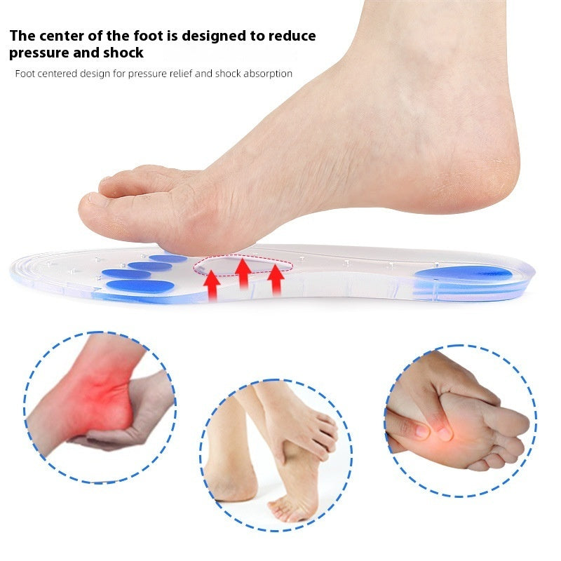 Foot with a gel pad designed to reduce pressure and shock, showing pressure points on feet.