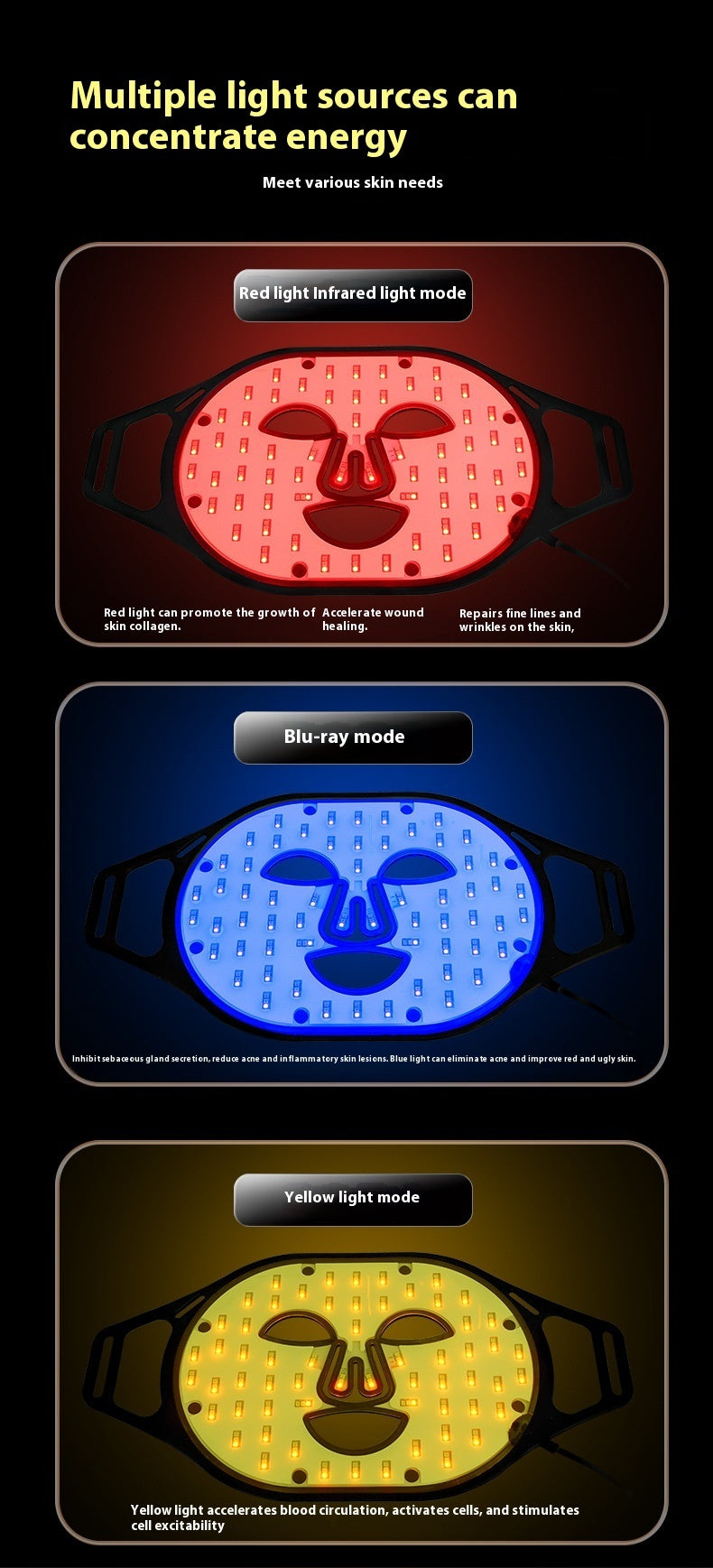 Illustration of a face mask with different light modes on a black background