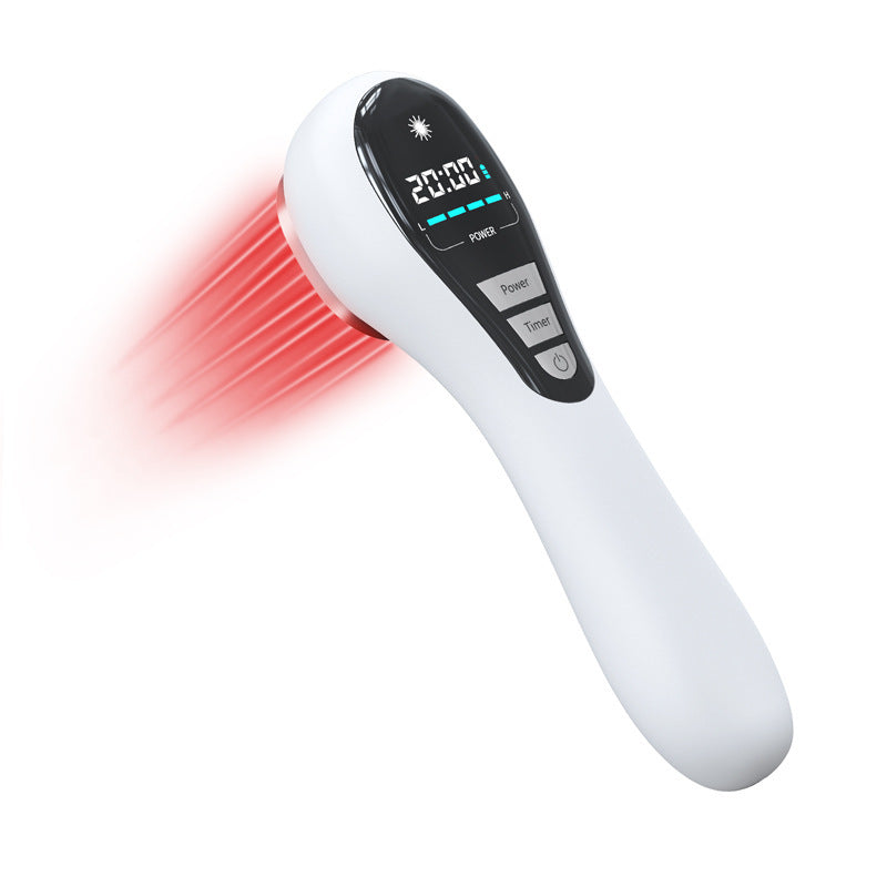 White electronic device with digital display and red light emission on a white background