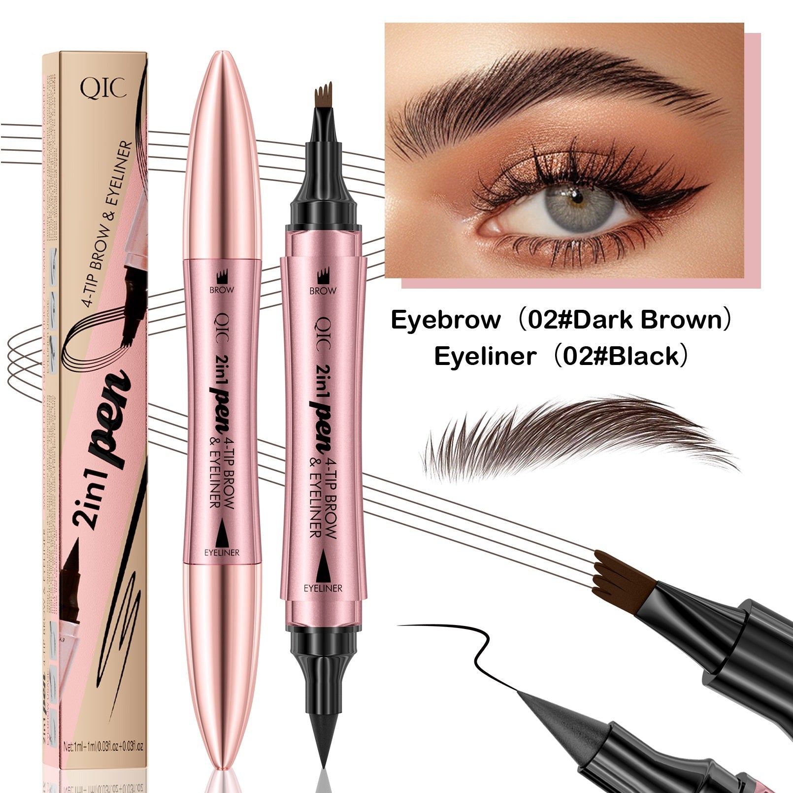 QIC 2-in-1 brow and eyeliner pen with packaging, close-up of eye makeup, and eyebrow hair.