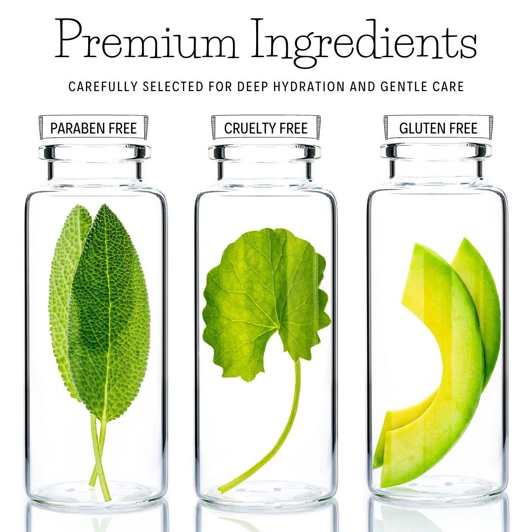 Three glass bottles with green leaves inside, labeled as paraben free, cruelty free, and gluten free.