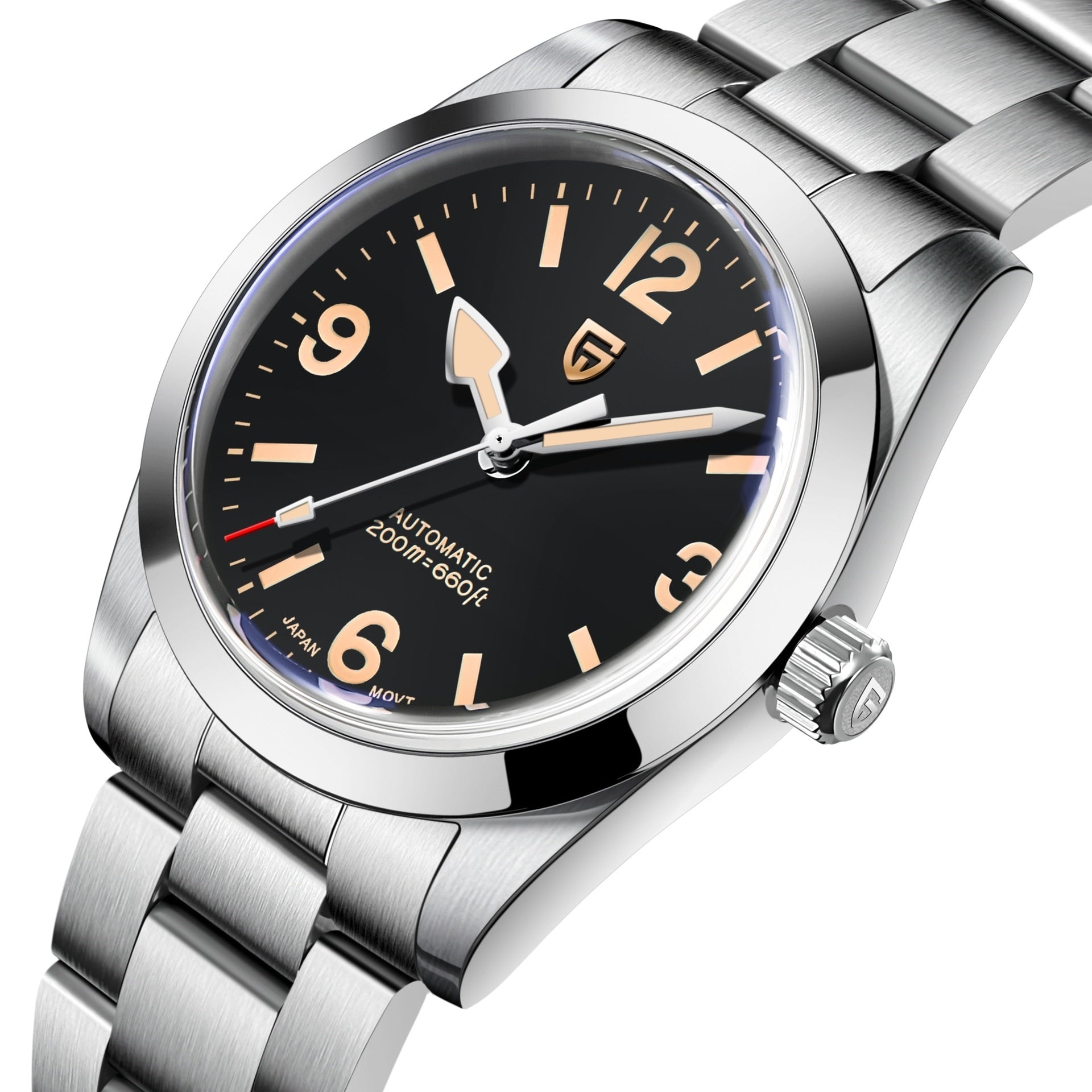 Silver wristwatch with black dial on a white background