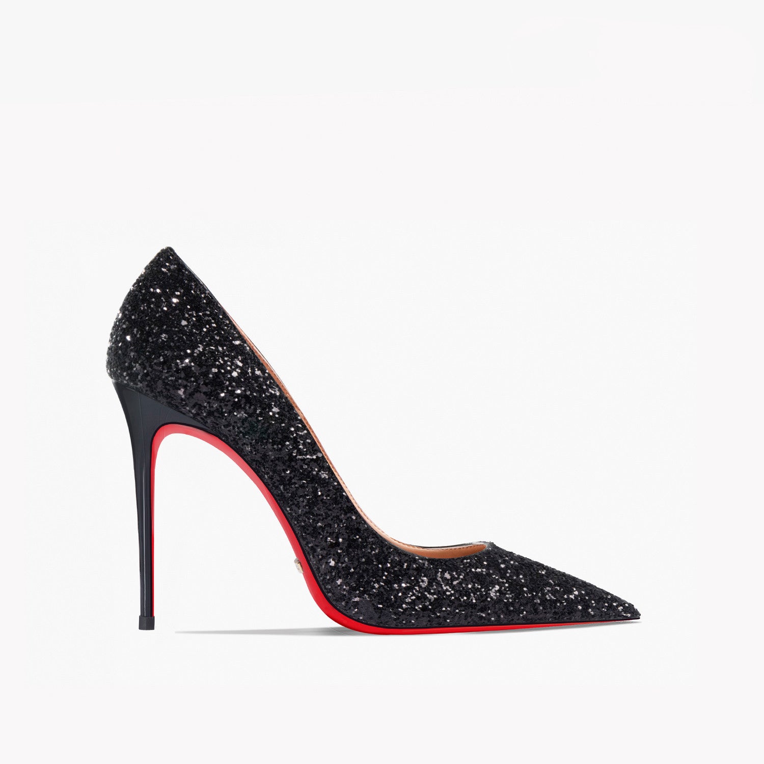 Black glitter high heel shoe with red sole on a white background