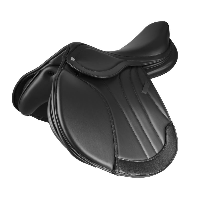Black leather saddle on a white background