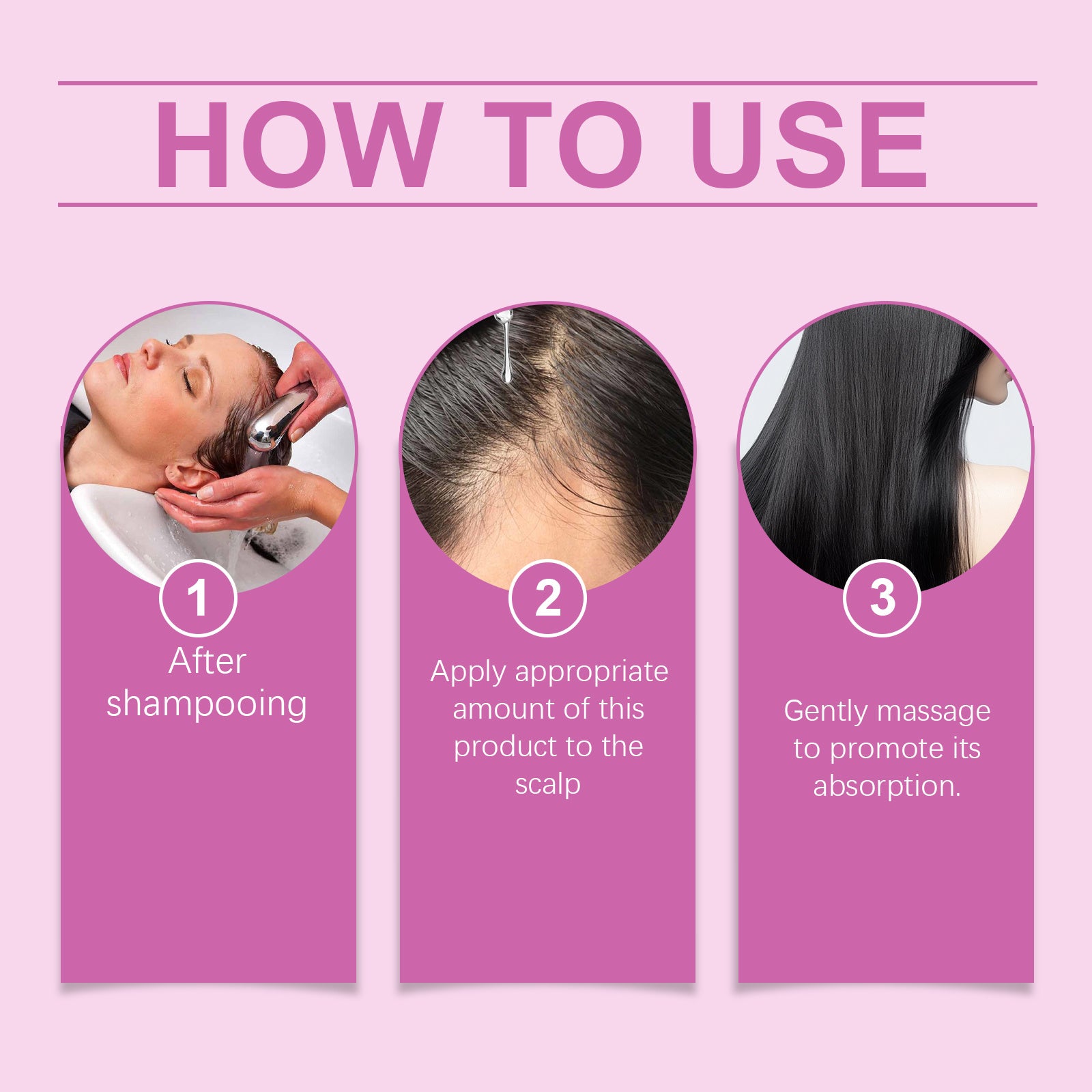 Instructions on how to use a hair care product with three steps shown on a pink background.