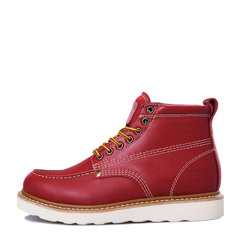 Red leather boot with white sole on a white background