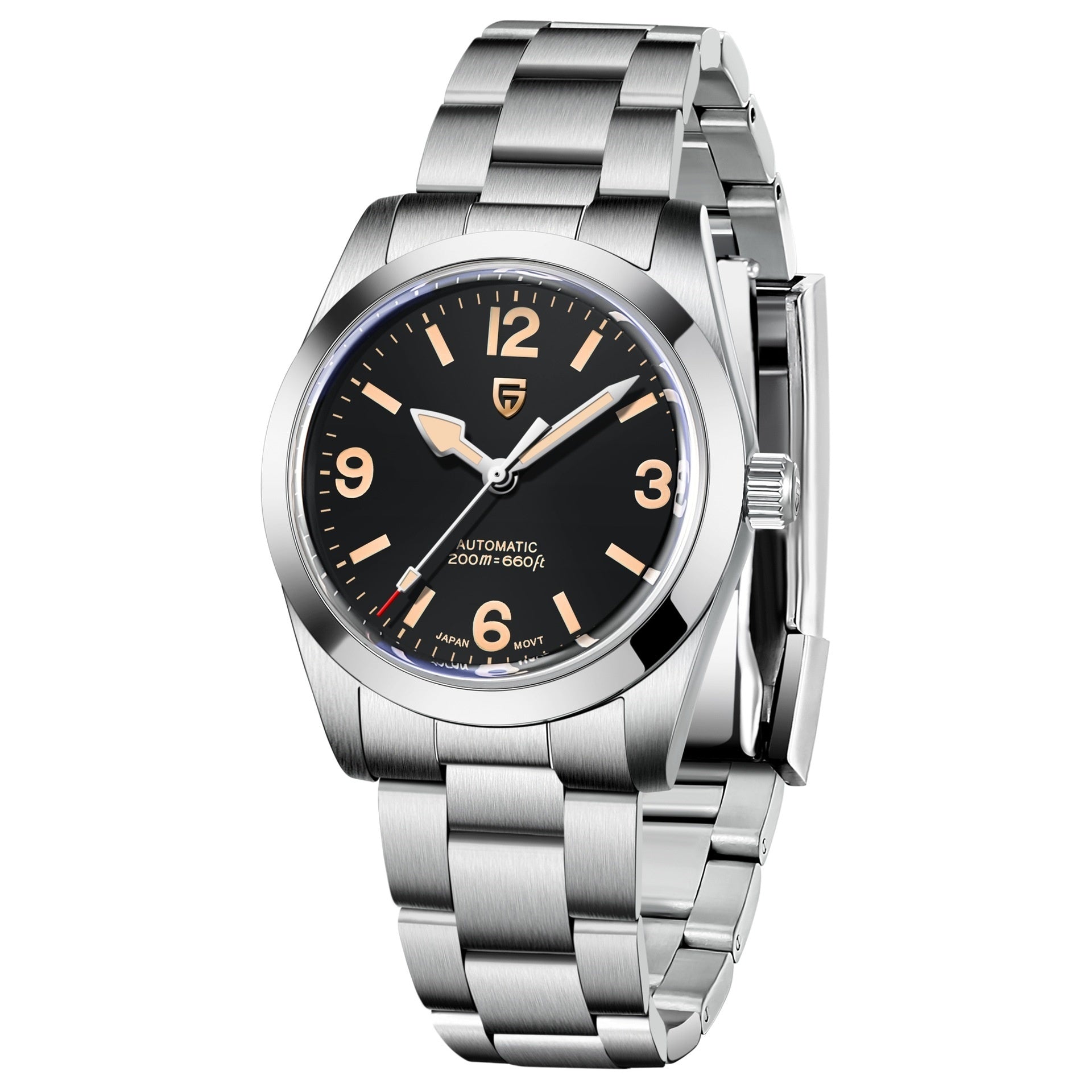 Silver wristwatch with black dial on a white background