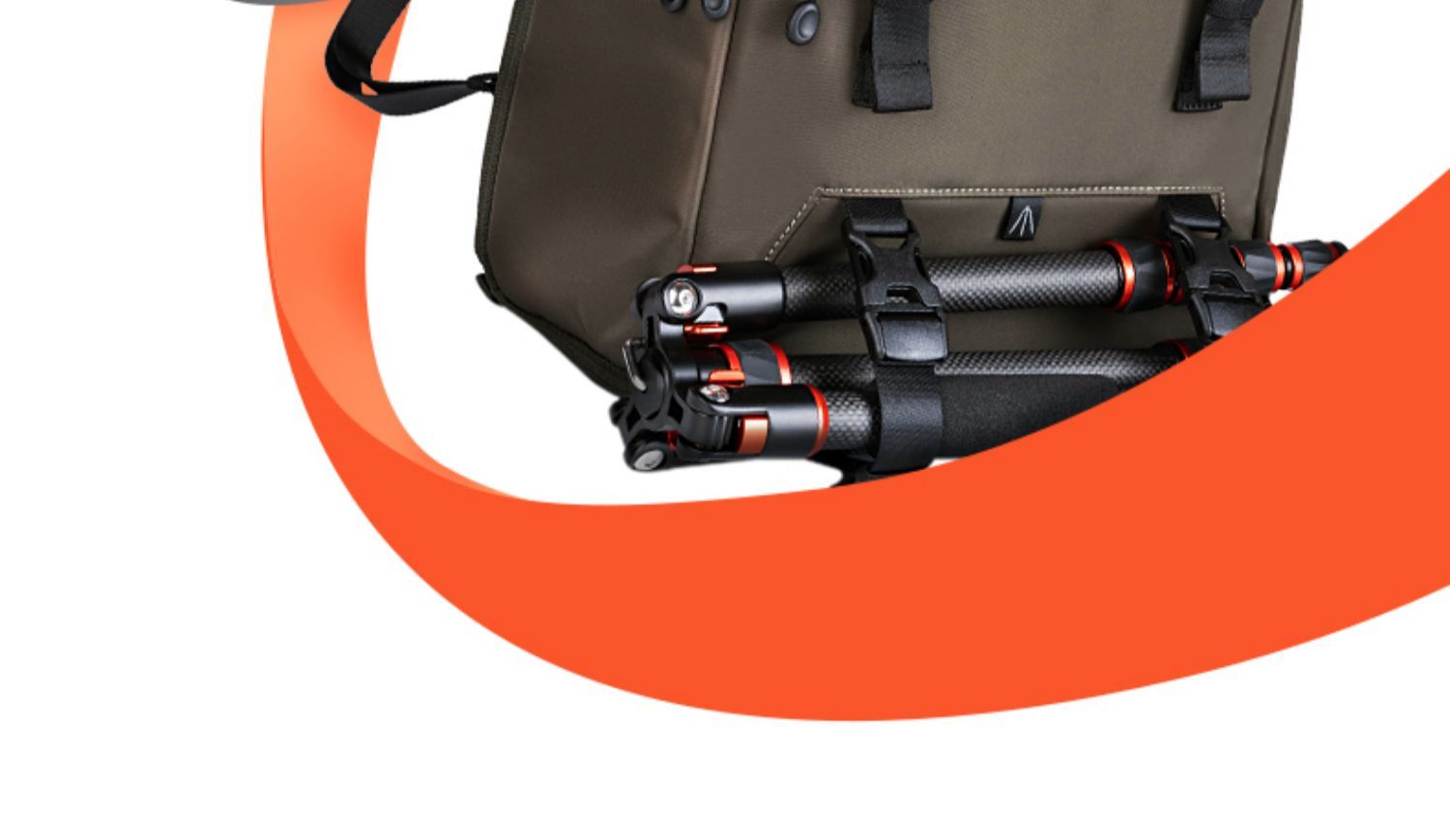 Backpack with a folded tripod inside, against an orange and white background