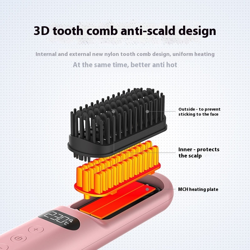 3D tooth comb with heating plate and text explaining design features on a light gray background