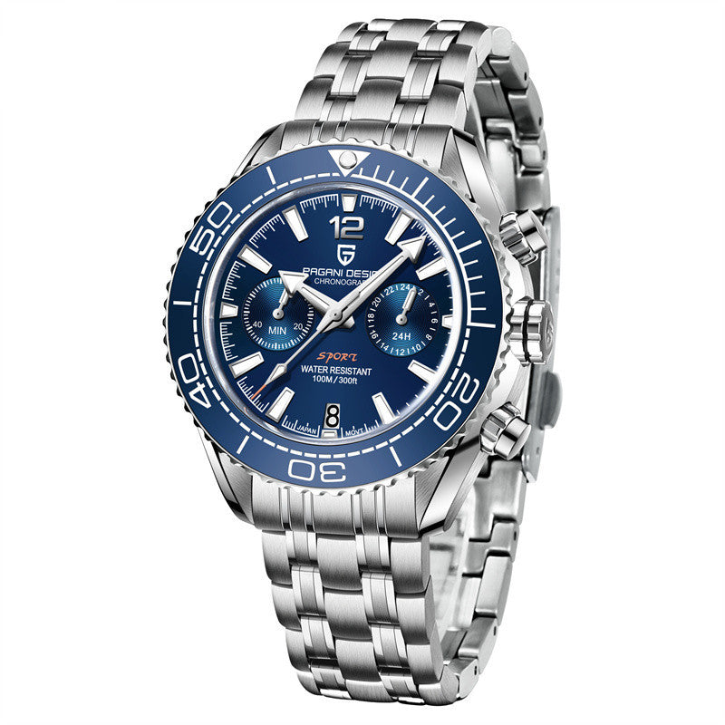Silver watch with blue dial on a white background