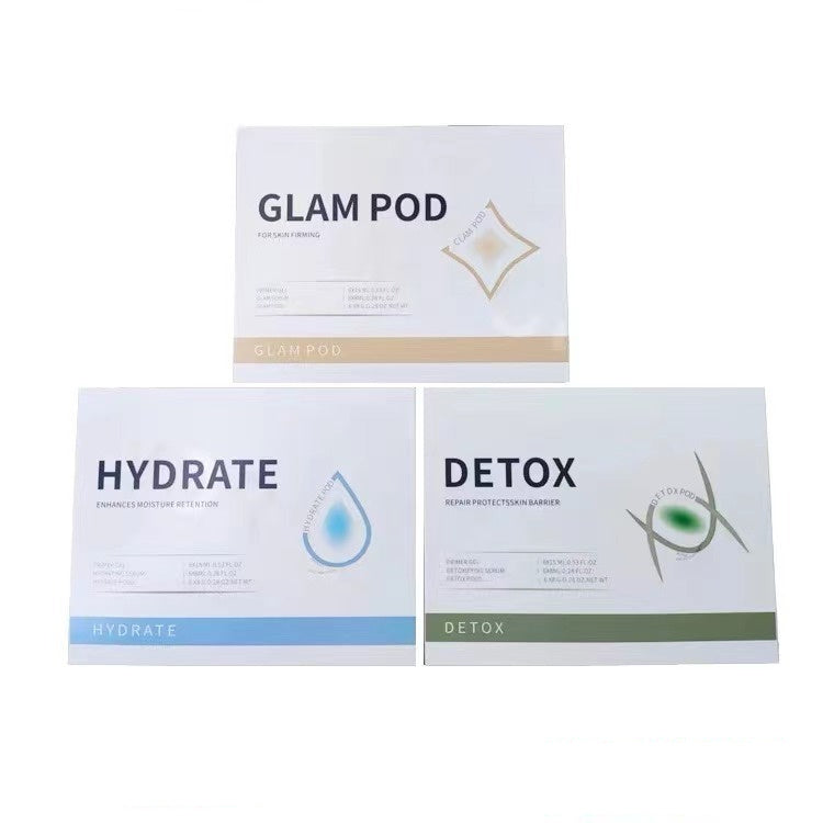 Three boxes labeled 'Glam Pod', 'Hydrate', and 'Detox' on a white background.