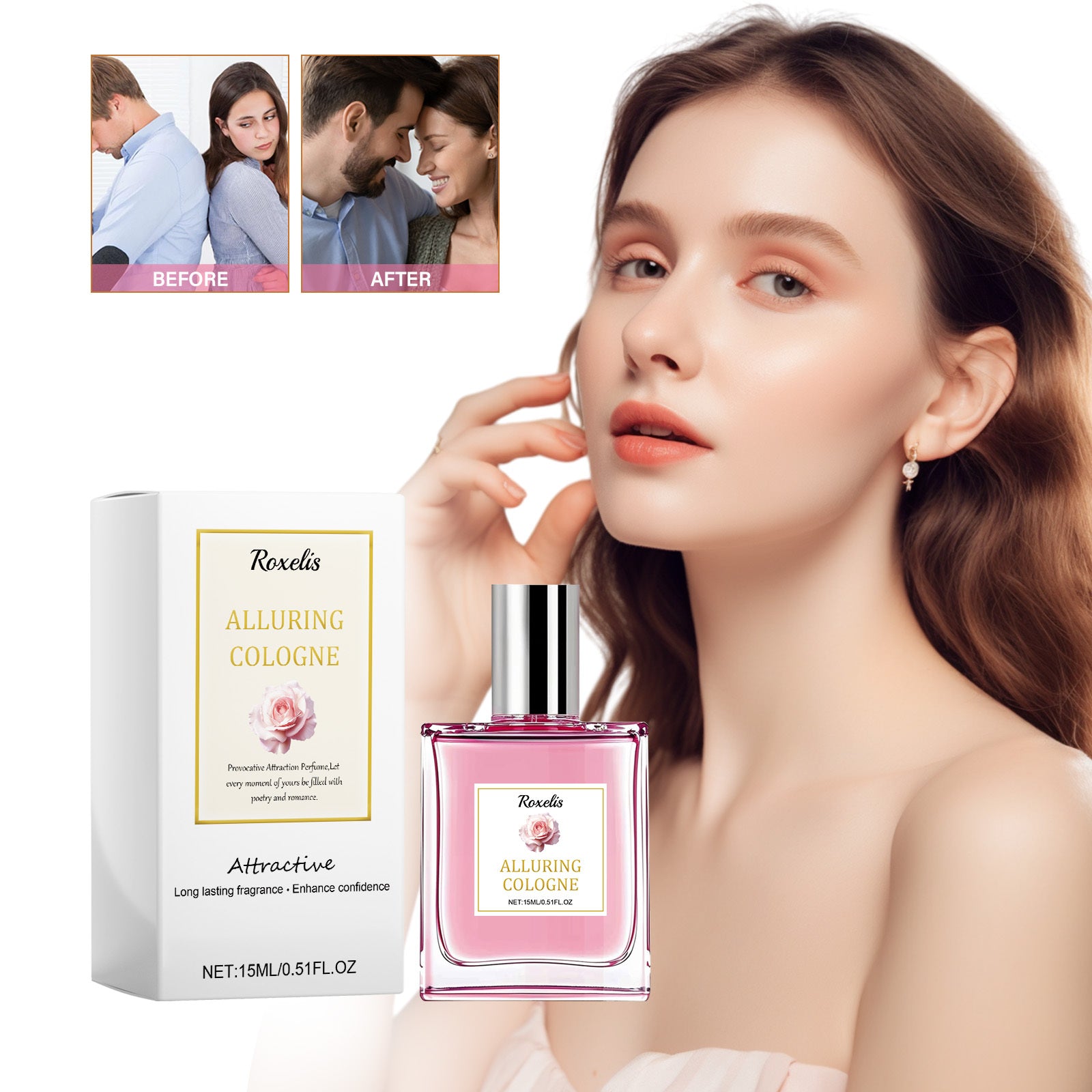 Woman with a bottle of Roxelia Alluring Cologne and packaging on a white background