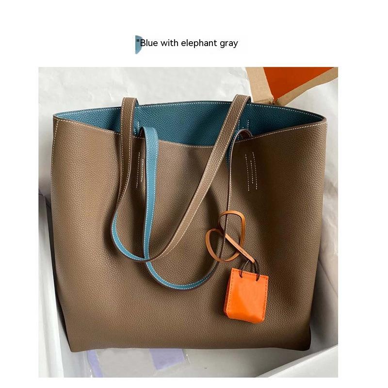 Large Double-sided Cowhide Leather Tote Bag 37x32x11cm