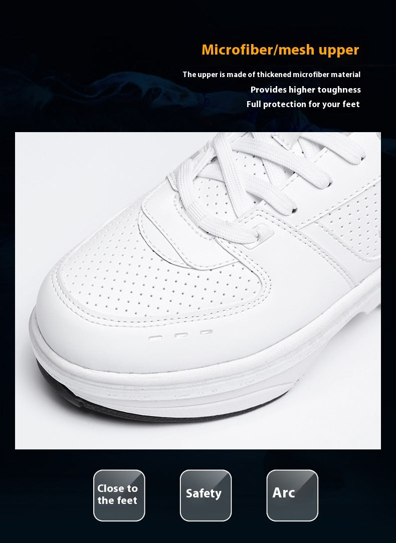 White sneaker with text about microfiber/mesh upper material on a black background